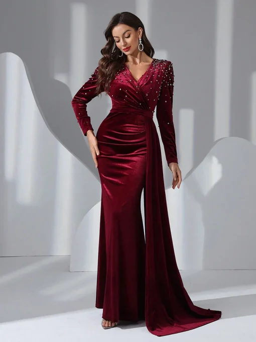 Women Long Sleeve Bead Crystal Embellished Evening Gown - Image 4