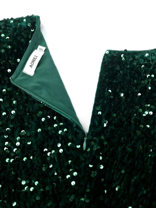 Green Glitter Velvet Long Sleeve Mesh Flower Evening Dress - Image 5