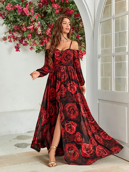 Bohemian Floral Cold Shoulder Maxi Dress with Split Thigh