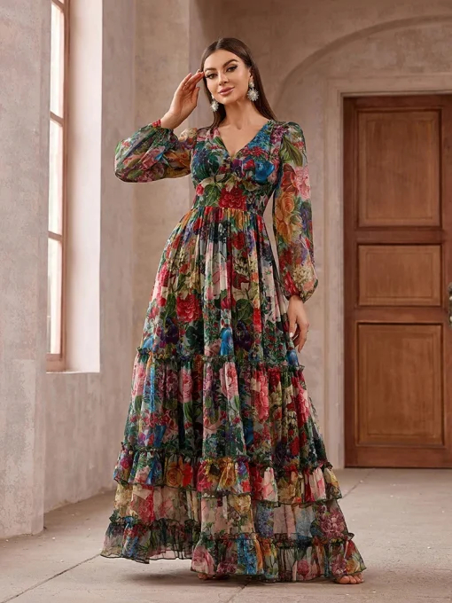 Casual Elegant Boho Floral Print Long Sleeve Summer Maxi Dress - Image 3