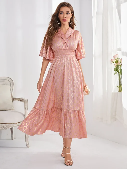 Women's Coral Pink Ankle-Length Ruffled Pleated Princess Dress