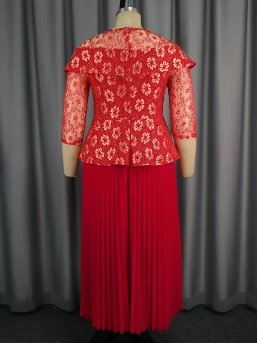 Elegant Red Lace A-Line Dress with Floral Patchwork - Image 3