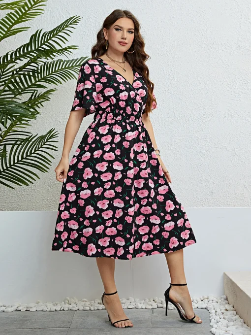 Elegant Plus Size Black Floral Loose Evening Party Dress - Image 3