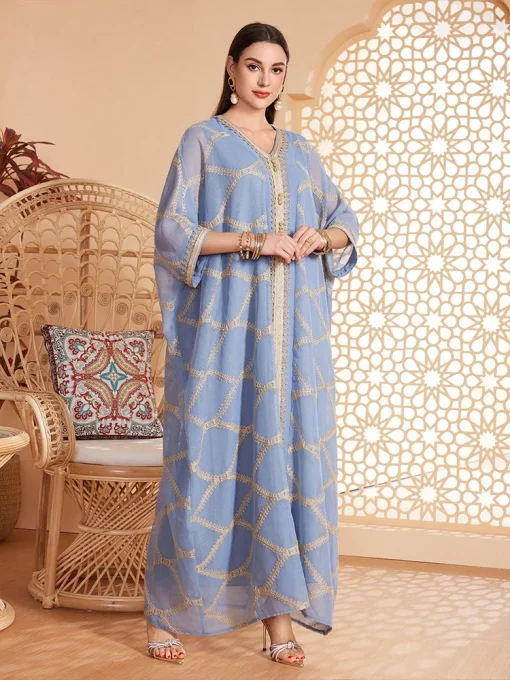 Women's Floor-Length Haze Blue Embroidered Sleeved Muslim Dress - Image 4