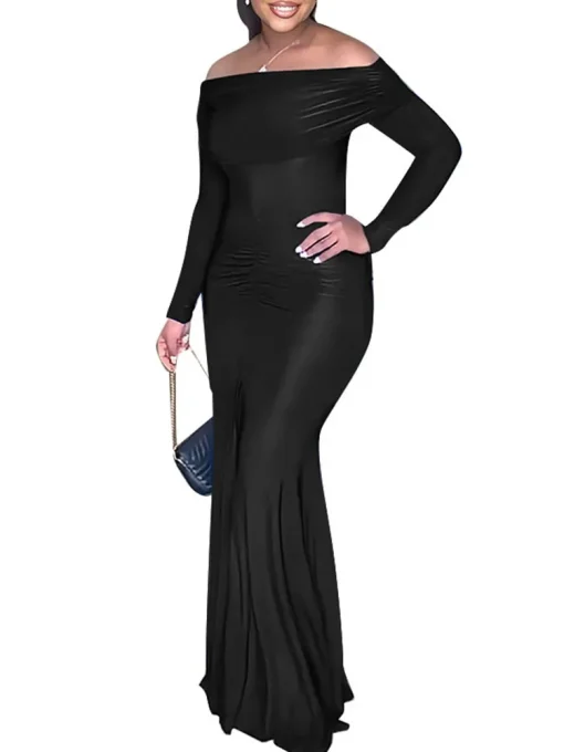 Elegant Off-Shoulder Maxi Dress with Long Sleeves for Autumn - Image 3