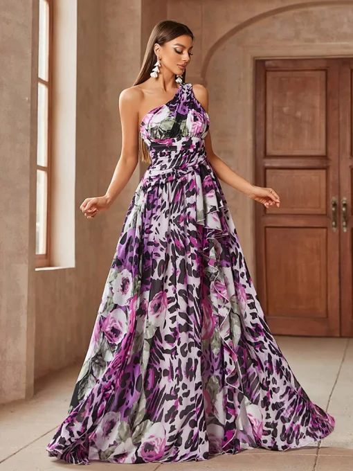 Elegant Asymmetrical Neckline Floral Leopard Print Ball Gown - Image 4