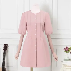 Women's Solid Color Puff Sleeve Pleated Mini Dress