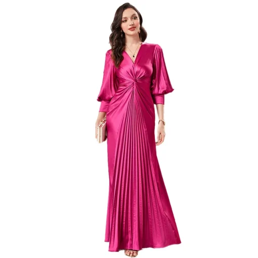 Rose Red Chiffon V-Neck Lantern Sleeve Evening Gown - Image 7