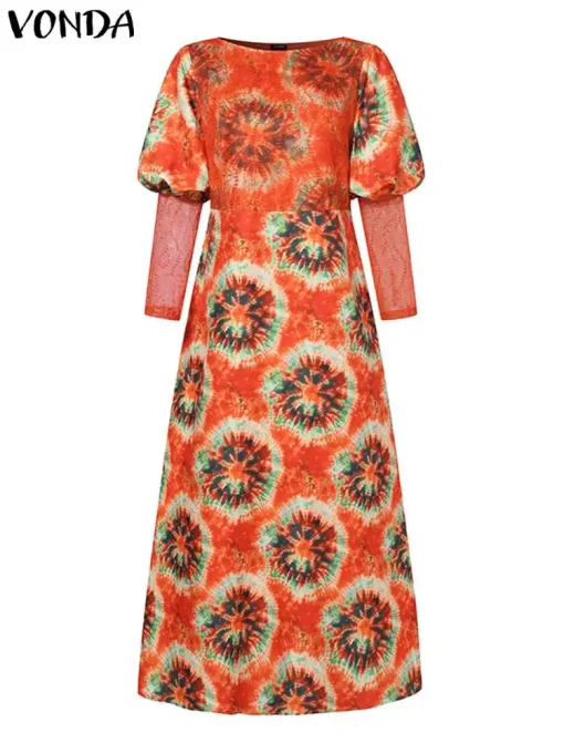 Women’s Lace Long Sleeve Printed Bohemian Maxi Dress - Image 2