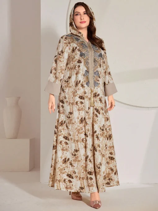 Plus Size Butterfly Print Long Sleeve Maxi Party Dress - Image 2