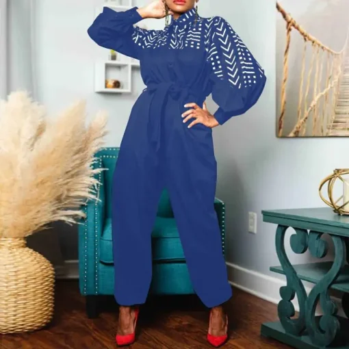 Women Vintage Printed Long Sleeve Belted Jumpsuit