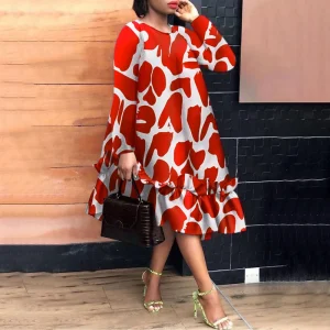 Women Printed Bohemian Midi Dress with Long Sleeves