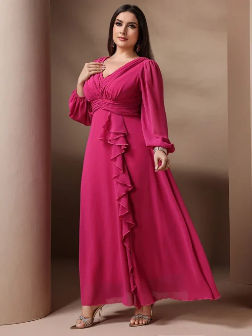 Plus Size Solid Color Ruffle Sleeve Formal Party Dress - Image 3