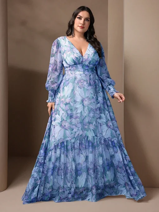 Plus Size Floral Print V-Neck Lantern Sleeve Ruffle Dress