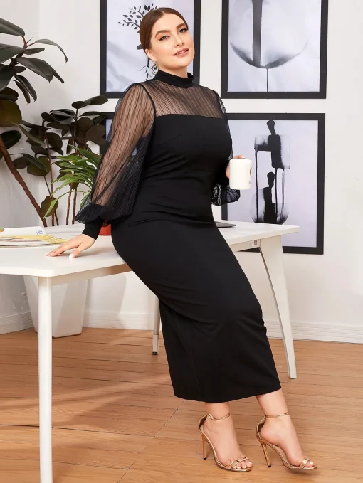 Elegant Plus Size Long Sleeve Black Party Dress - Image 3