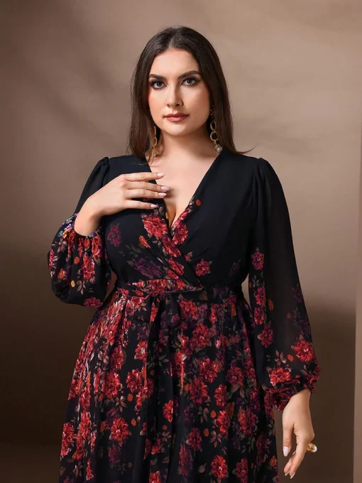 Elegant Plus Size Floral Print V-Neck Long Sleeve Maxi Dress - Image 3