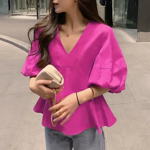 Women's Casual Lantern Sleeve V-Neck Party Blouse - Image 5