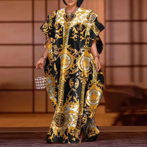 Elegant Satin Maxi Dress with Bat-Wing Sleeves and Print - Image 6