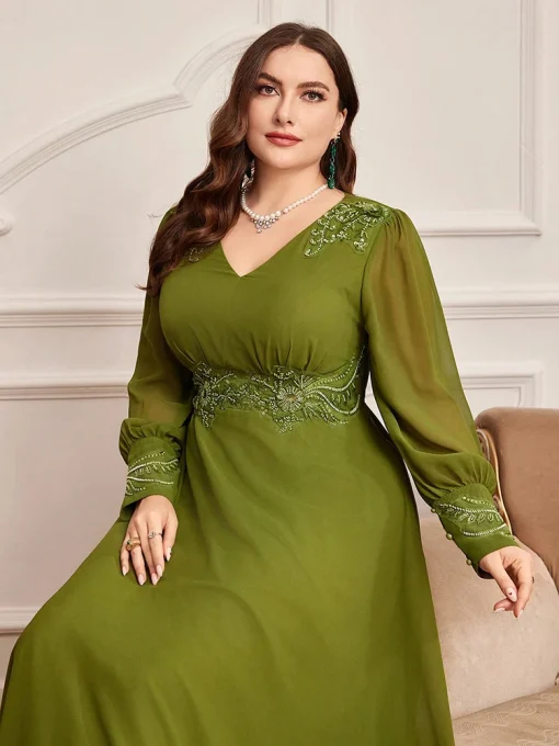 Luxury Elegant Long Sleeve Plus Size Embroidery Maxi Party Dress - Image 3