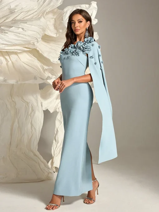 Elegant 3D Floral One Shoulder Long Sleeve Maxi Dress - Image 4