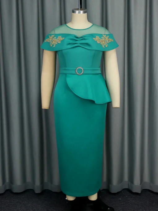 Elegant Green Mesh Patchwork Evening Gown Plus Size - Image 4