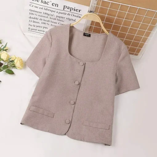 Summer Square Collar Blouse Elegant Loose Short Sleeve Shirt - Image 5