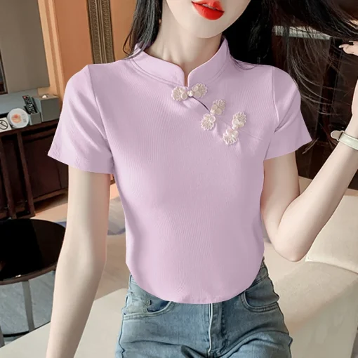 Women’s Chinese Style Half High Collar Summer Blouse - Image 5