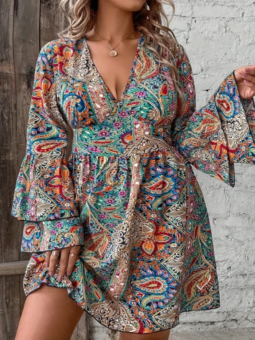 Elegant Plus Size V-Neck Printed Long Sleeve Summer Dress - Image 6