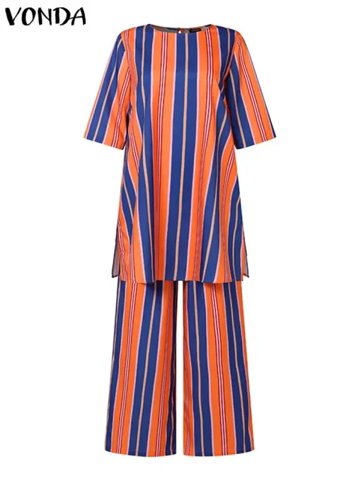 Plus Size   Vintage Striped Summer Pants Set - Image 2