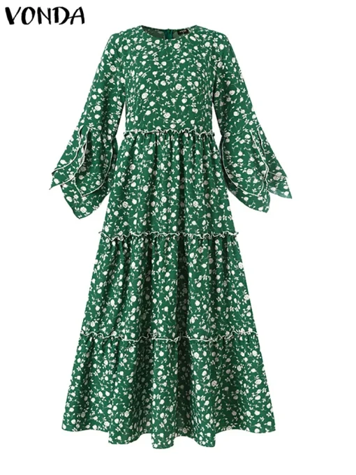 Women’s Floral Printed Long Maxi Dress with Flare Sleeves - Image 3