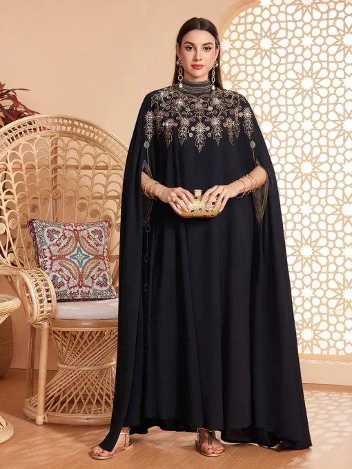 Luxury Arabian Embroidered Stand Collar Cape Sleeve Maxi Dress - Image 3