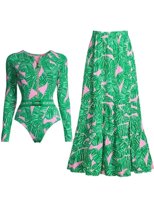 Retro Flower Print One-Piece Swimsuit with Cover-Up Skirt