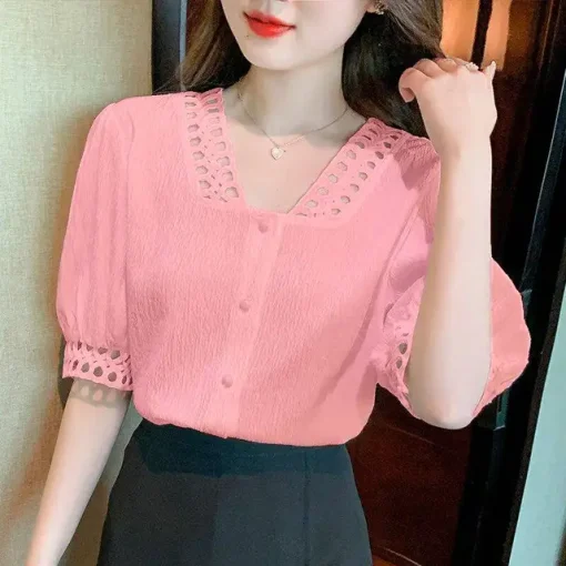 Women's Elegant Lace Patchwork V-Neck Blouse - Image 6