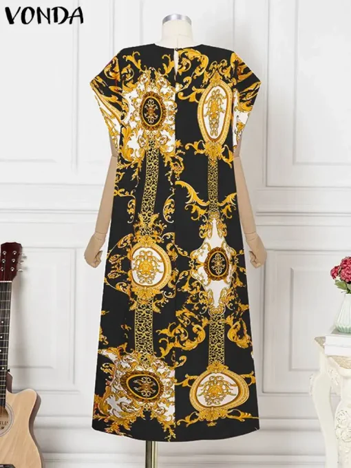 Elegant Satin Maxi Dress with Bat-Wing Sleeves and Print - Image 3