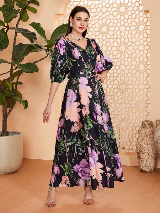 Women's Boho Print Floor-Length Dress with Lantern Sleeves - Image 6