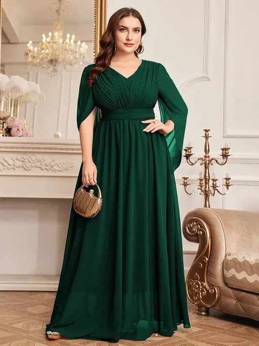 Luxury V-Neck Solid Dress with Embellished Waistband for Plus Size - Image 6