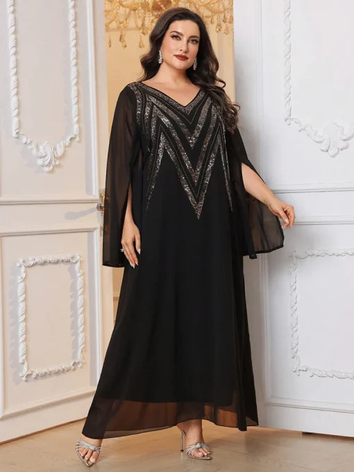 Plus Size Black Sequined Elegant Maxi Abaya Dress - Image 4