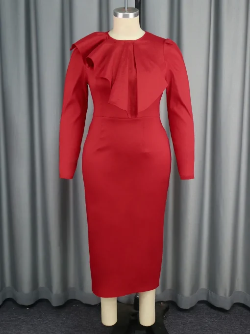 Elegant Shiny Red Bow Tie Long Sleeve Winter Dress - Image 5