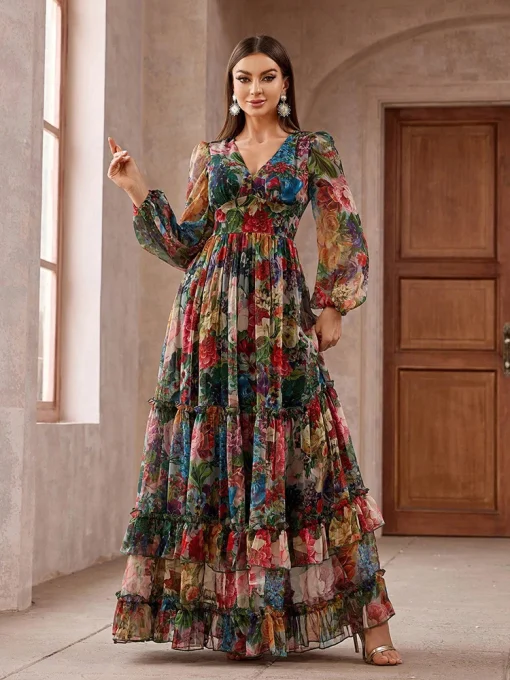 Casual Elegant Boho Floral Print Long Sleeve Summer Maxi Dress