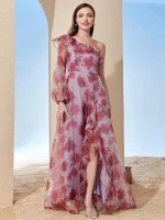 Women's Floor-Length Boho Print Backless Dress with Diagonal Neckline