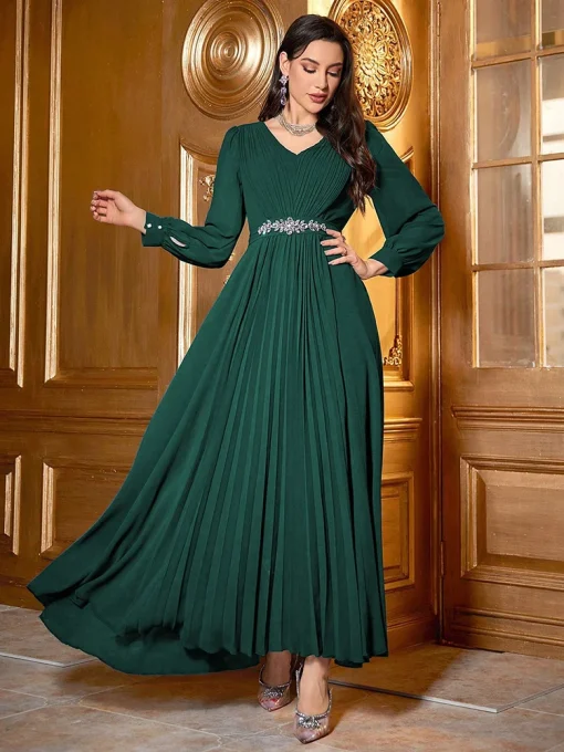 Elegant Rhinestone Embellished Long Sleeve Pleated Swing Dress - Image 5