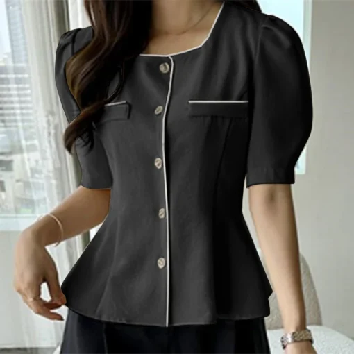 Women Solid Color Square Neck Summer Casual Blouse