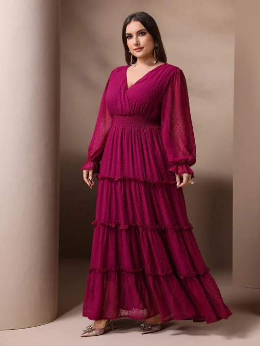 Plus Size Solid Color Cinched Waist Maxi Party Dress - Image 5