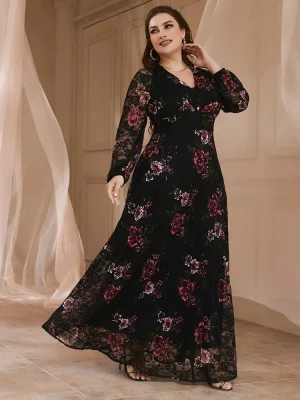 Plus Size Lace Mesh Floral Print Lantern Sleeve Dress