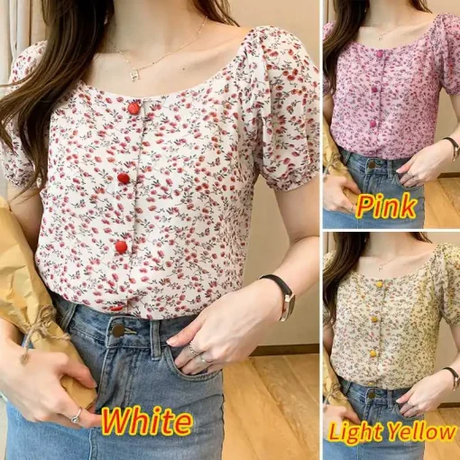 Bohemian Floral Printed Square Collar Blouse for Women