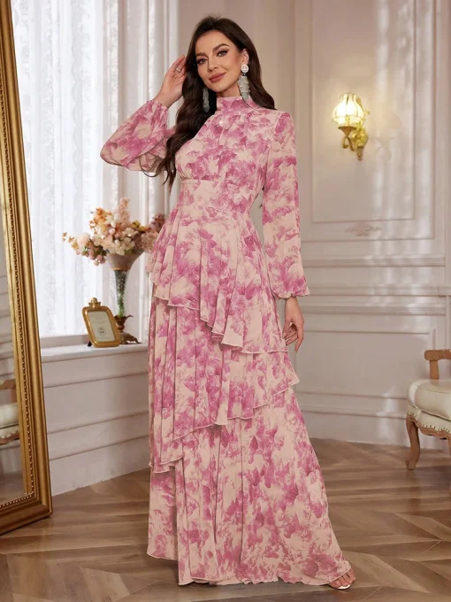 Floral Print Lantern Sleeve Ruffle Trim Chiffon Maxi Dress - Image 5