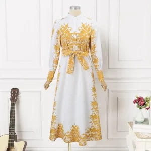 Plus Size Elegant Bohemian Maxi Dress Long Sleeve Belted Sundress