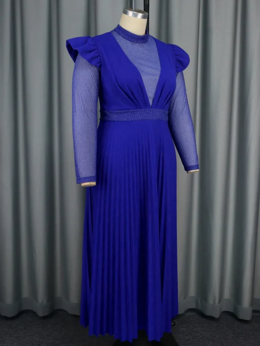 Blue High Neck See-Through Mesh Pleated Evening Party Dress - Image 5