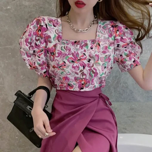 Women's Bohemian Floral Printed Square Collar Blouse - Image 5