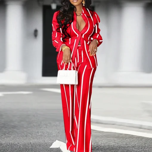 Plus Size Vintage Striped Pants Set for Women